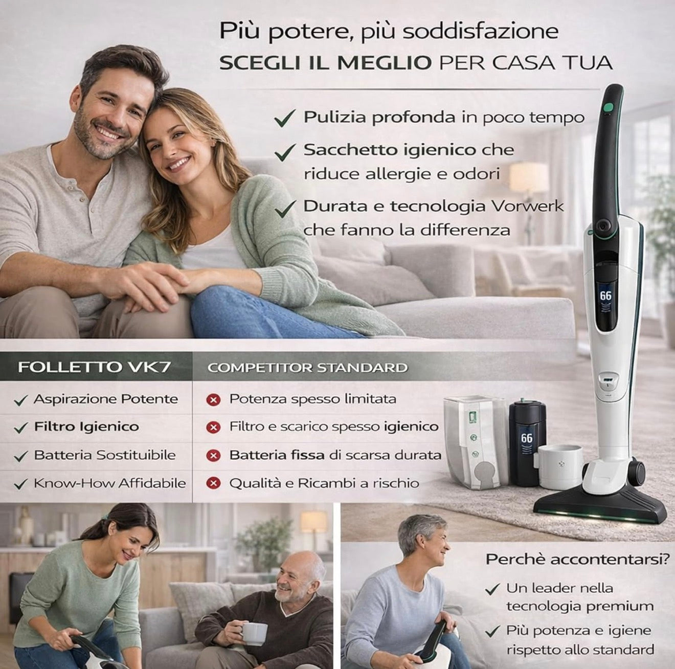 Aspirapolvere Senza Fili Folletto VK7s Bianco con EB7s + HD7s + SP7s + PB7s + 2 Batterie e 1 Caricatore + 6 Sacchetti con Dovina ORIGINALI + Borsa Accessori con Vari Tubi