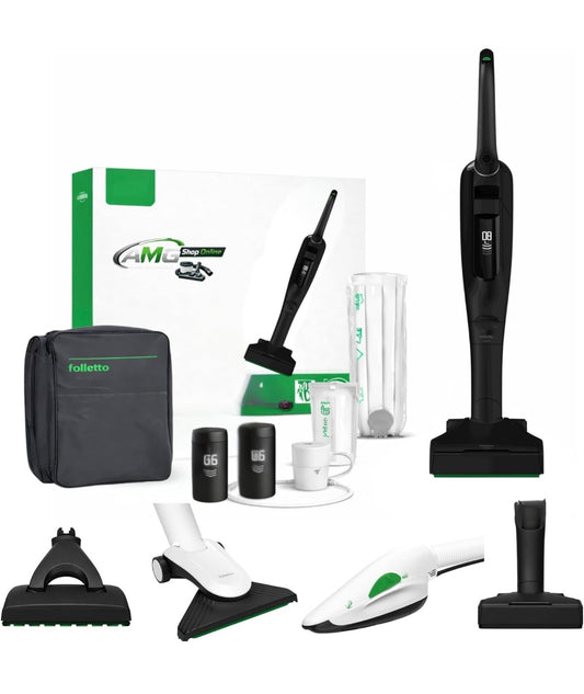 Aspirapolvere Senza Fili Folletto VK7s Black con EB7s + HD7s + SP7s + PB7 + 2 Batterie e 1 Caricatore + 6 Sacchetti con Dovina ORIGINALI + Borsa Accessori con Vari Tubi
